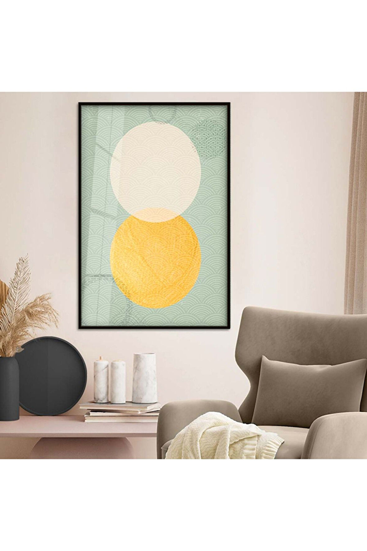 Gold Metal Çerçeveli Geometrik Desen Modern Çizim Kırılmaz Cam Tablo