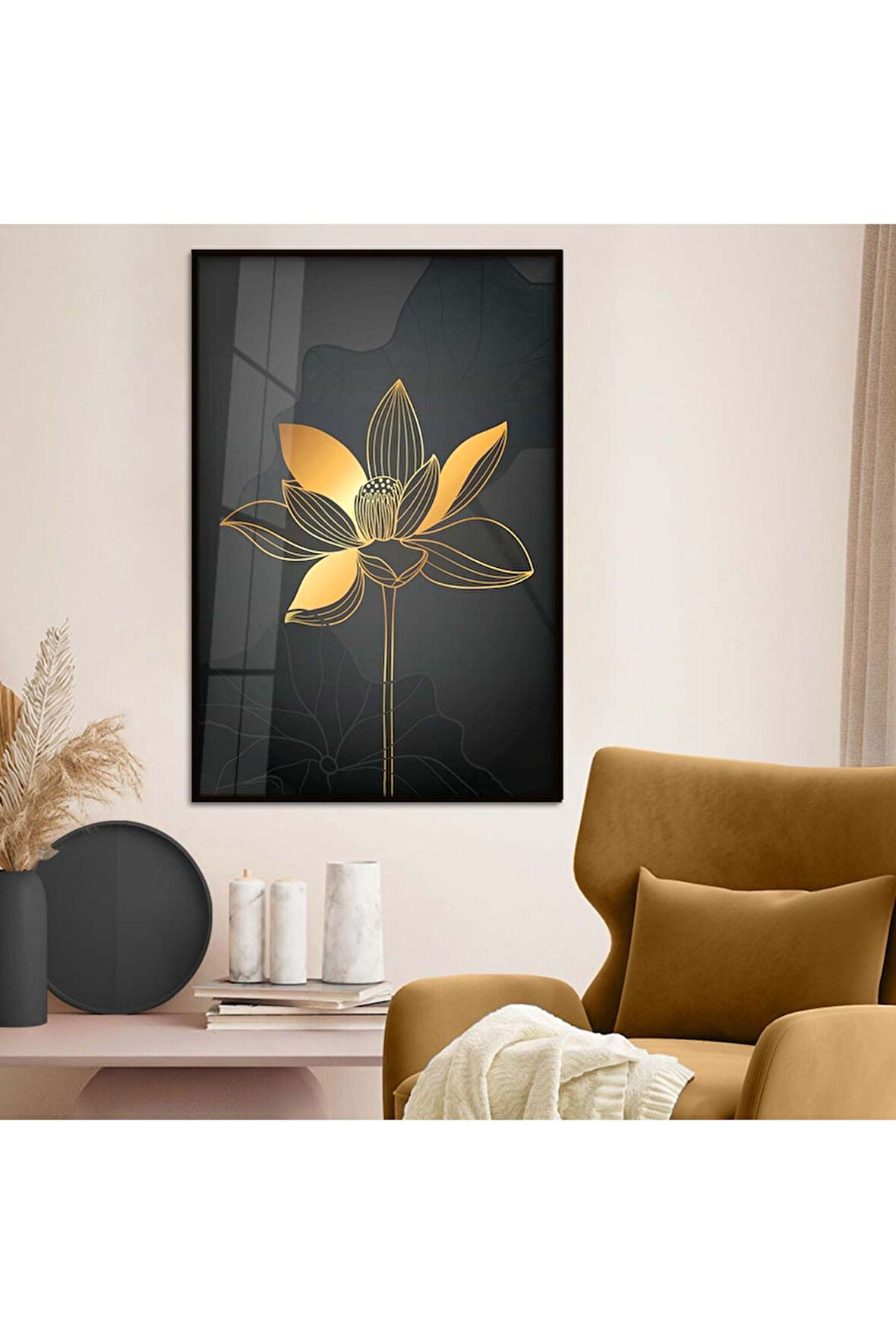 Gold Metal Çerçeveli Kolaj Çizim Çiçek Desen Kırılmaz Cam Tablo