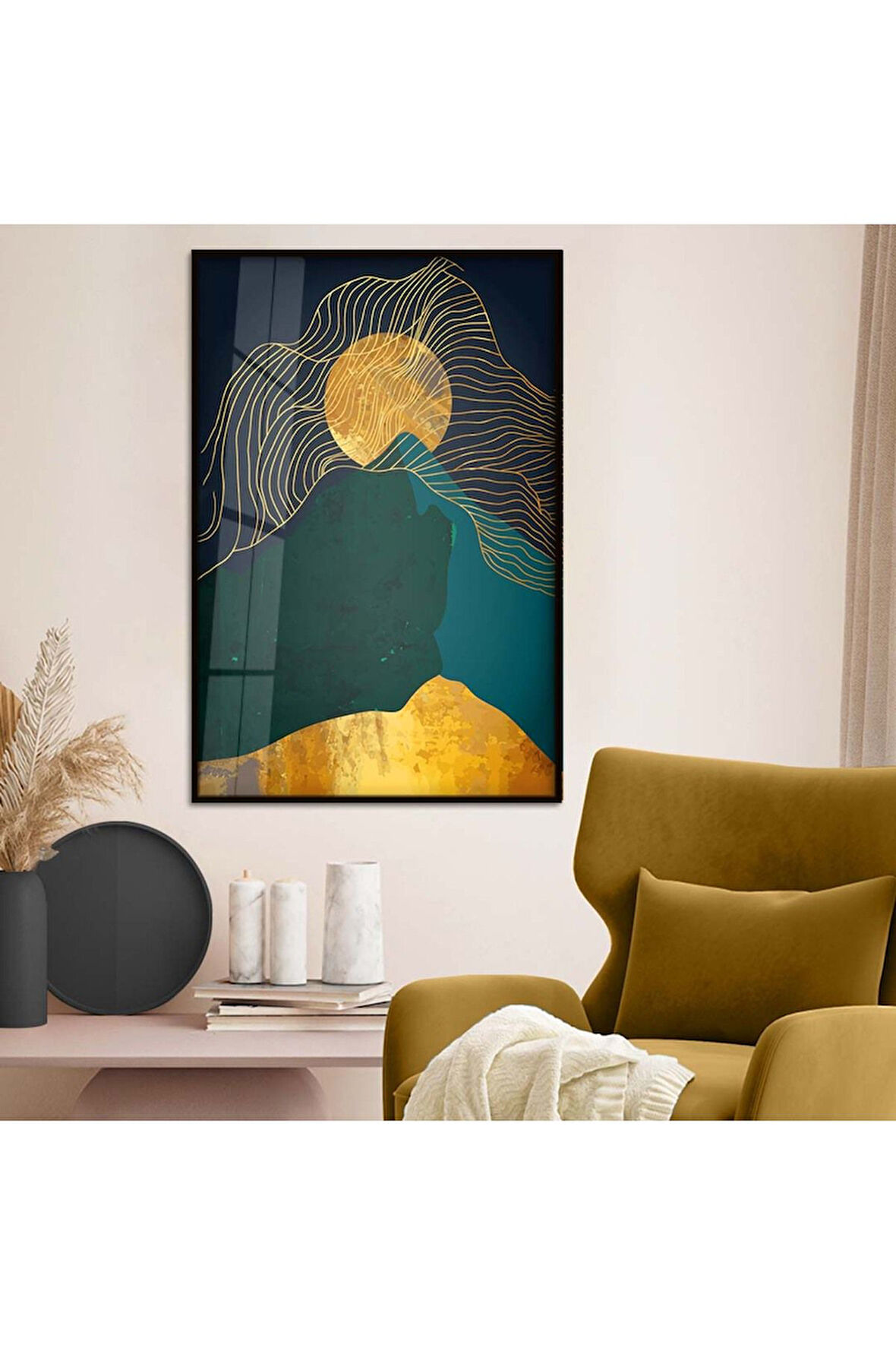 Gold Metal Çerçeveli Kolaj Çizim Kırılmaz Cam Tablo