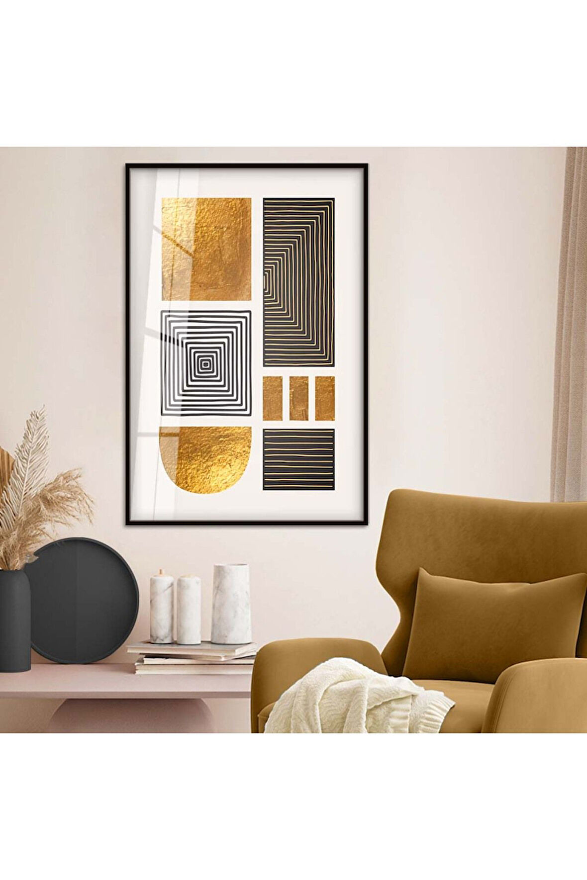 Gold Metal Çerçeveli Geometrik Çizim Soyut Tema Çizim Kırılmaz Cam Tablo