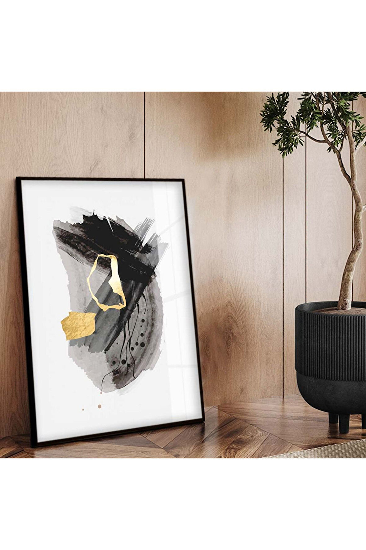 Siyah Metal Çerçeveli Soyut Tema Modern Çizim Kırılmaz Cam Tablo