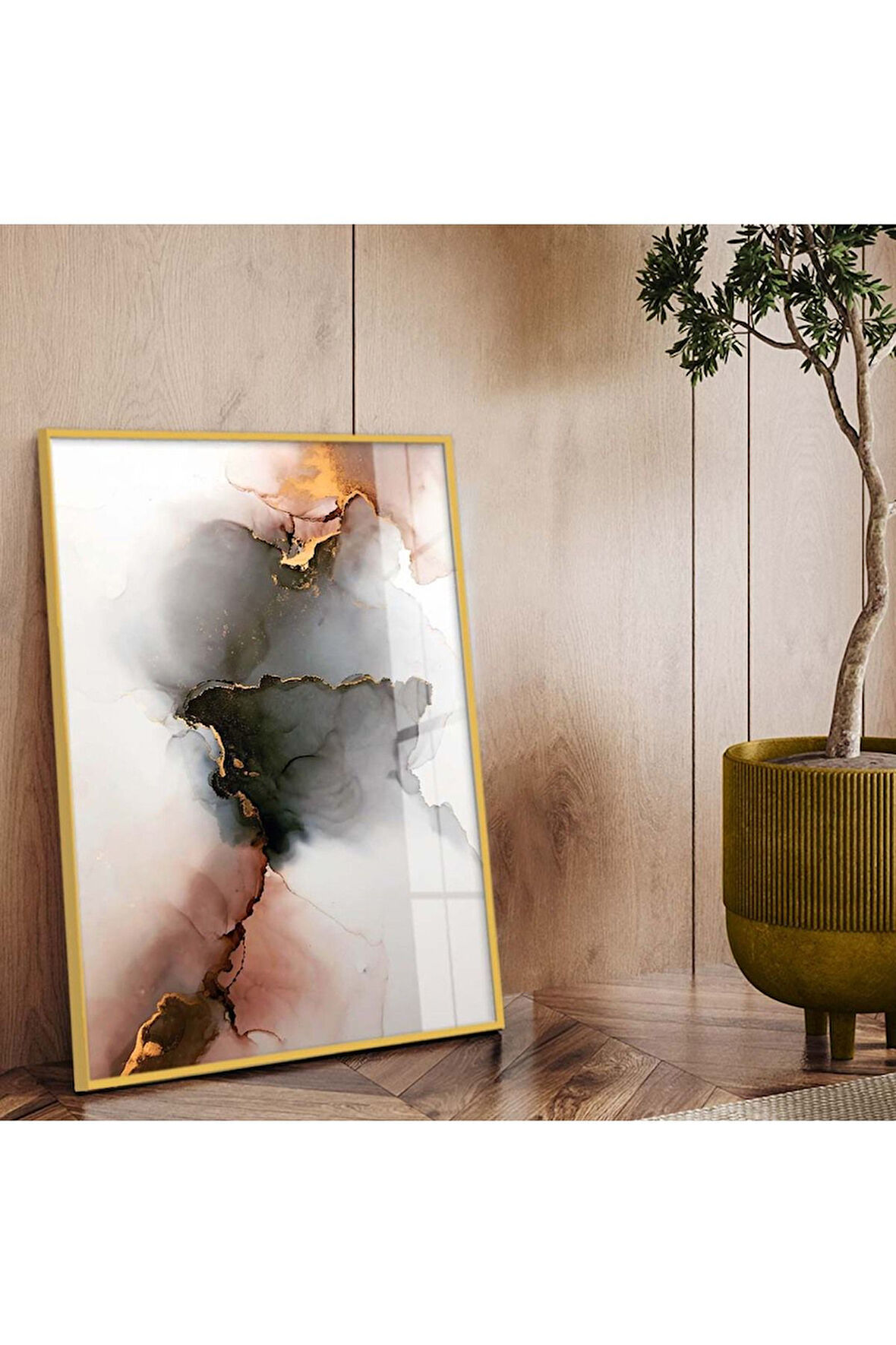 Gold Metal Çerçeveli Soyut Tema Modern Çizim Kırılmaz Cam Tablo