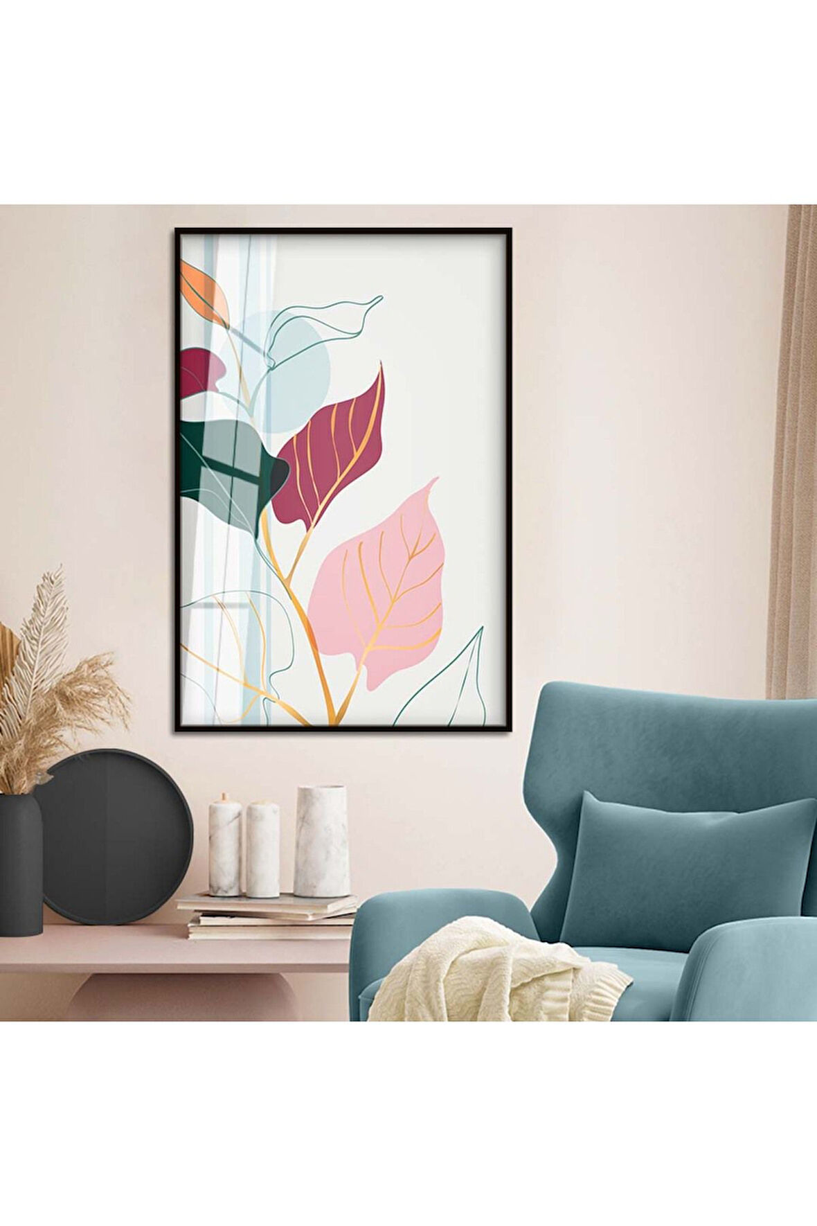 Gümüş Metal Çerçeveli Kolaj Çizim Yaprak Tema Kırılmaz Cam Tablo