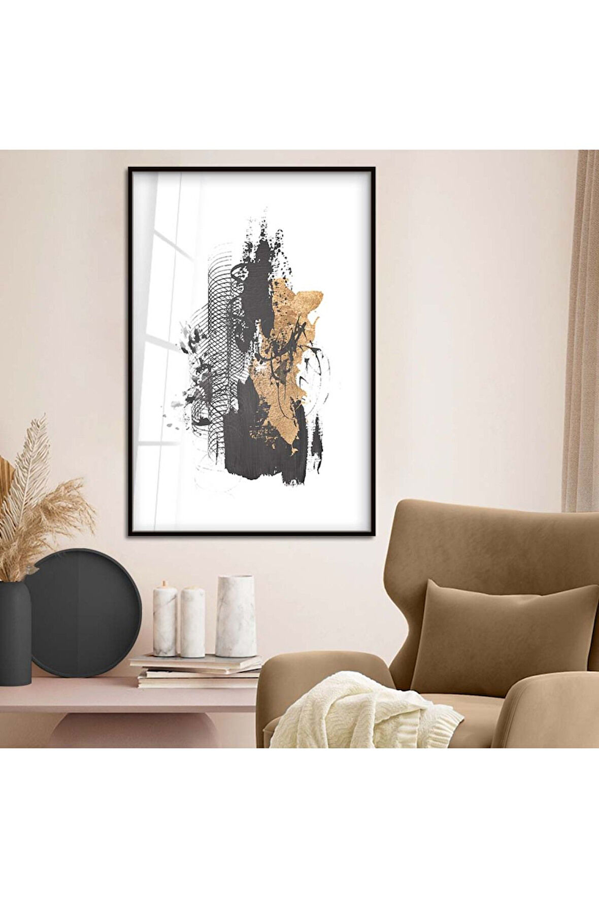 Gümüş Metal Çerçeveli Kolaj Çizim Soyut Tema Kırılmaz Cam Tablo