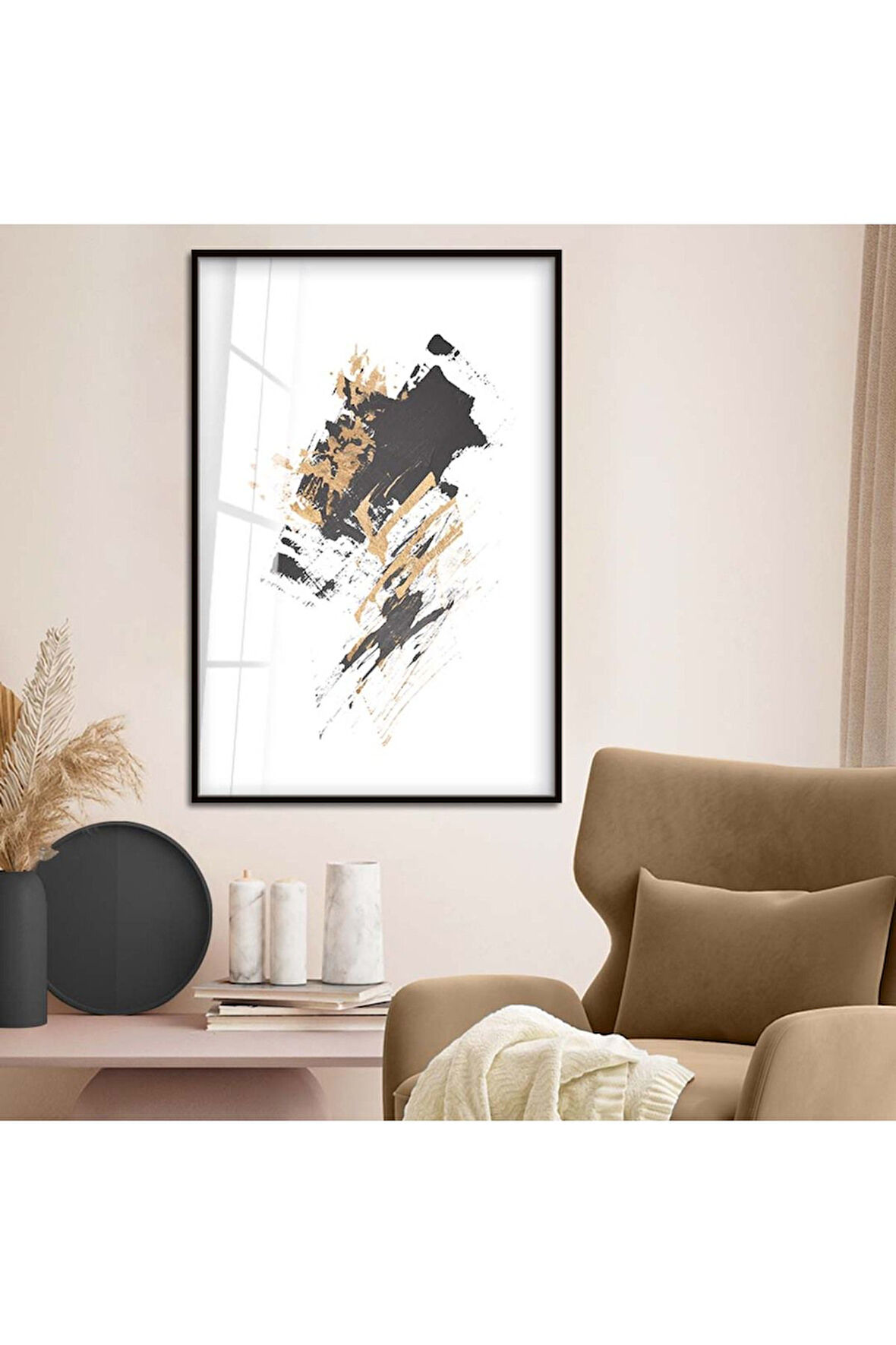 Gümüş Metal Çerçeveli Kolaj Çizim Soyut Tema Kırılmaz Cam Tablo