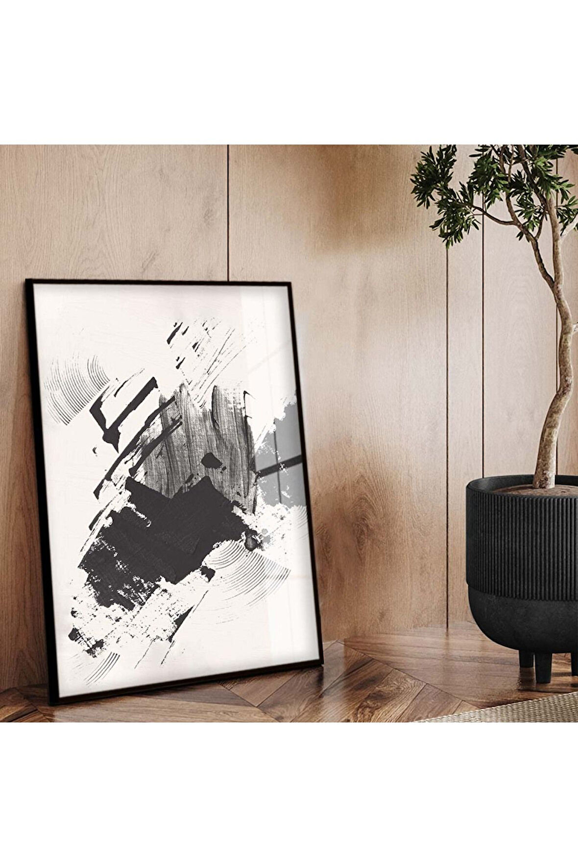 Siyah Metal Çerçeveli Kolaj Çizim Siyah Tema Kırılmaz Cam Tablo