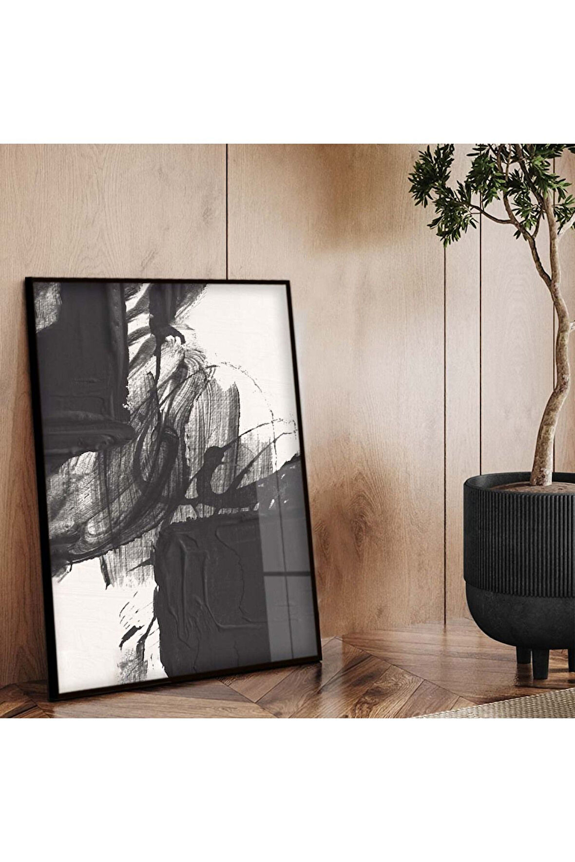 Siyah Metal Çerçeveli Kolaj Çizim Siyah Tema Kırılmaz Cam Tablo