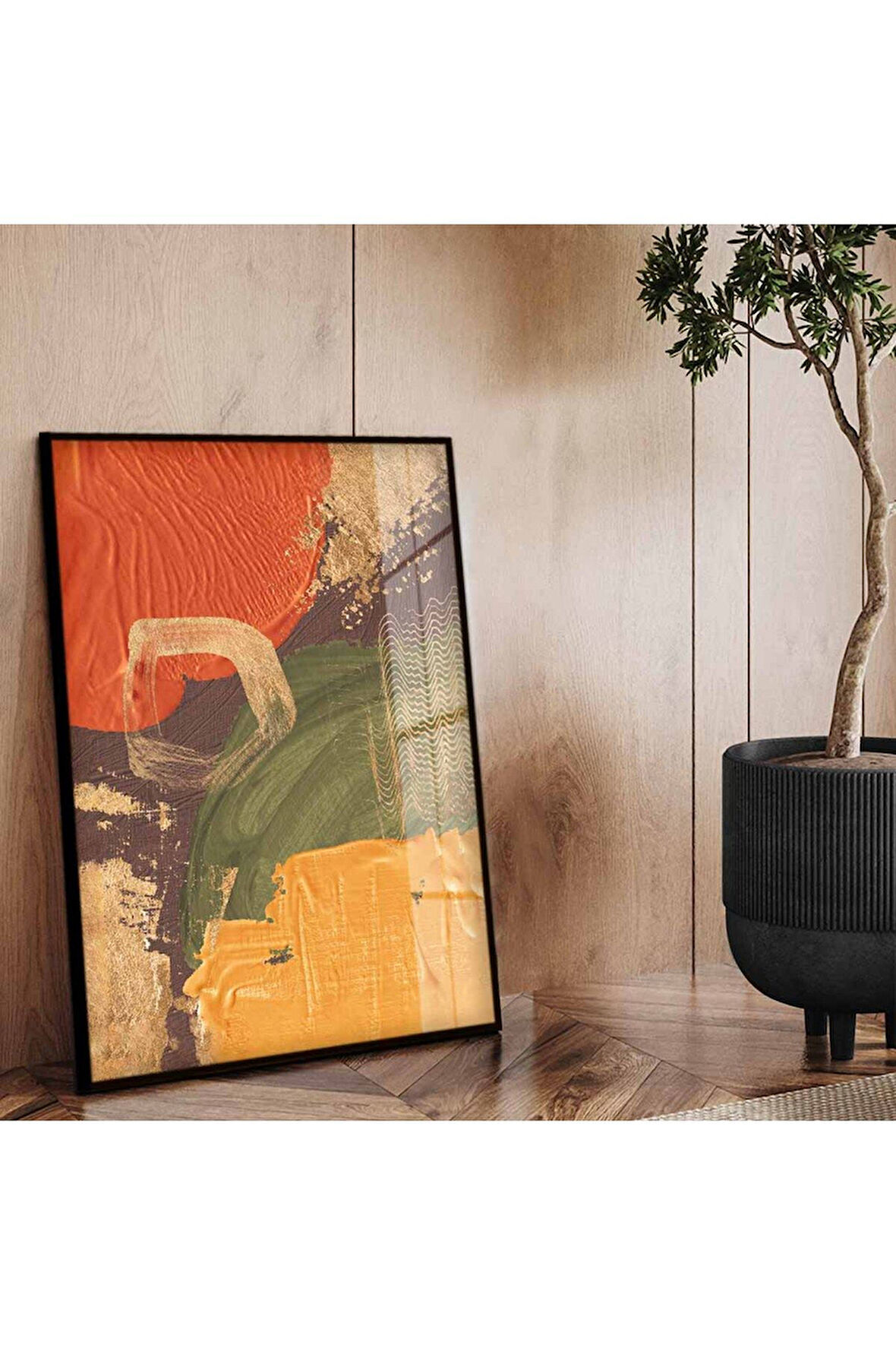 Siyah Metal Çerçeveli Soyut Tema Modern Çizim Kırılmaz Cam Tablo