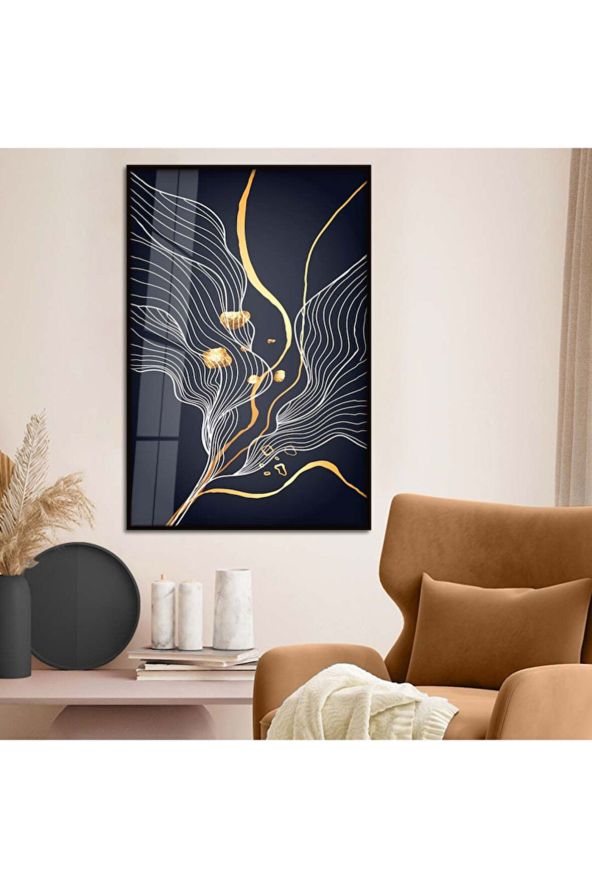 Gold Metal Çerçeveli Kolaj Çizim Kırılmaz Cam Tablo