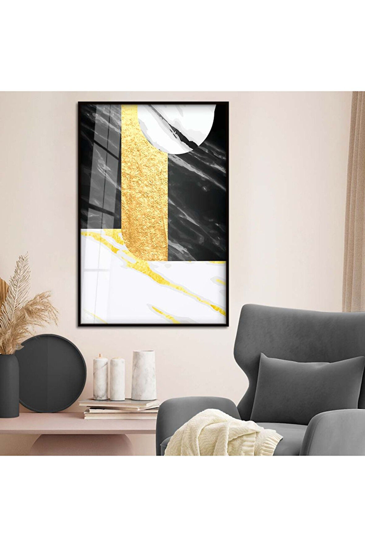 Gold Metal Çerçeveli Modern Çizim Kırılmaz Cam Tablo