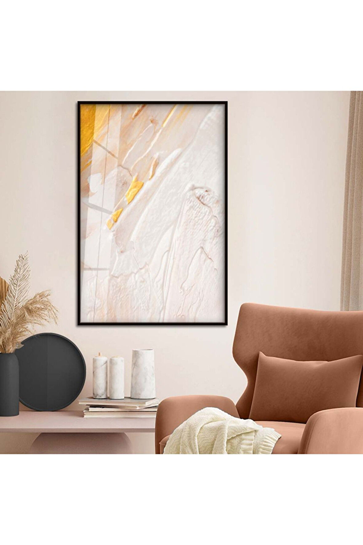 Gümüş Metal Çerçeveli Soyut Tema Modern Çizim Kırılmaz Cam Tablo