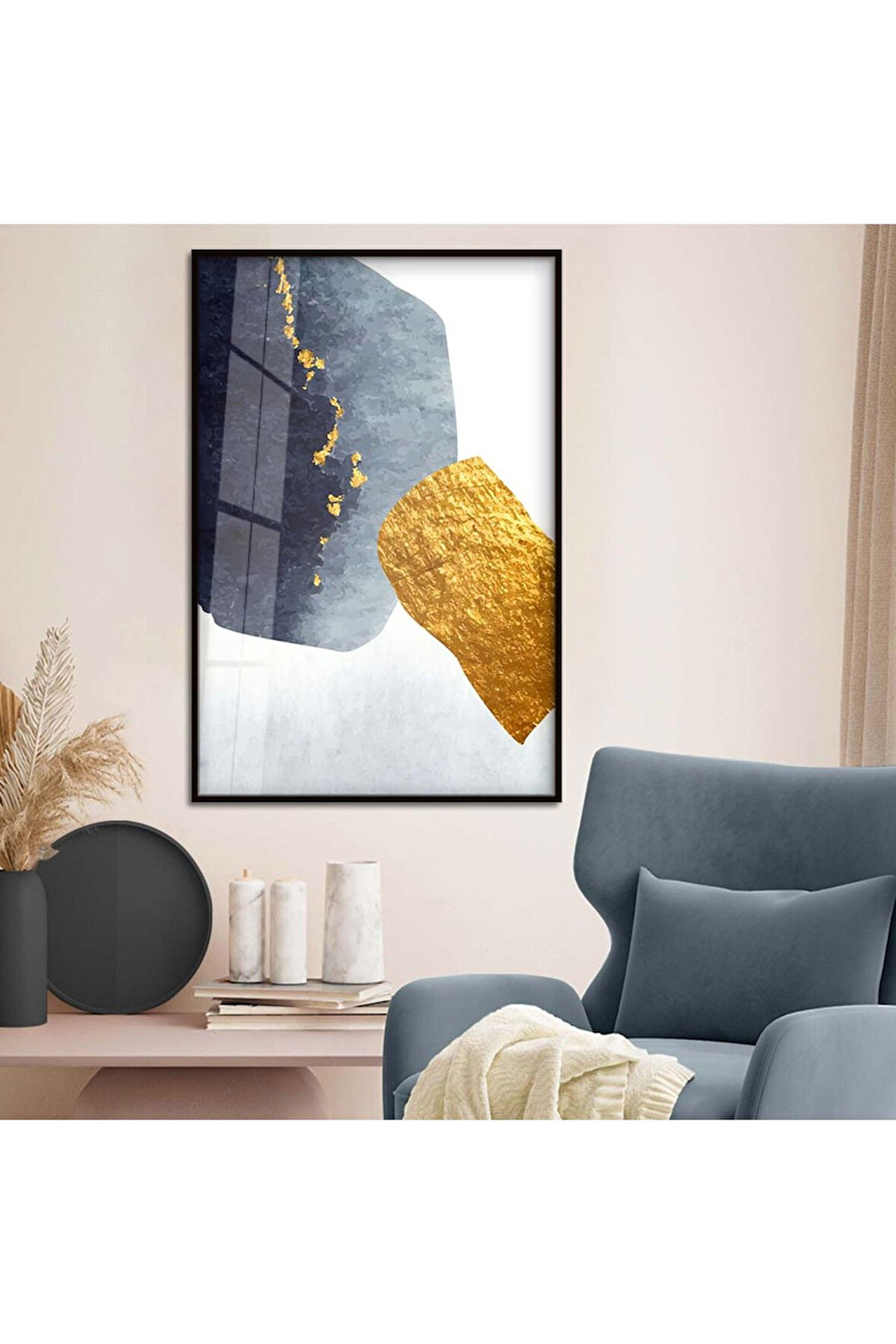 Gold Metal Çerçeveli Soyut Tema Modern Çizim Kırılmaz Cam Tablo