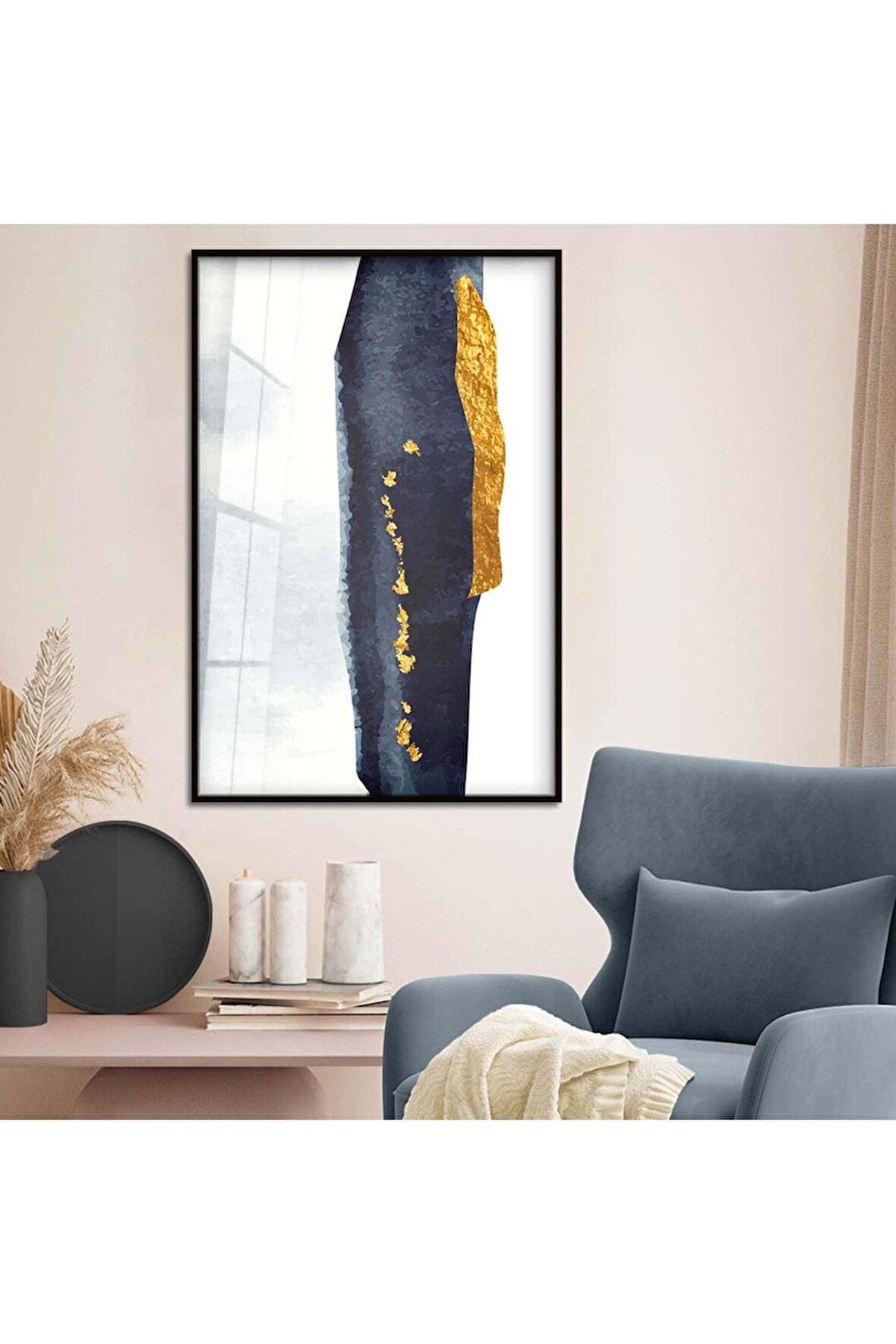 Gümüş Metal Çerçeveli Soyut Tema Modern Çizim Kırılmaz Cam Tablo