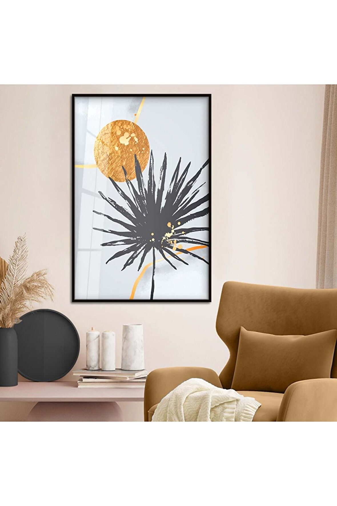 Gold Metal Çerçeveli Kolaj Çizim Yaprak Desen Kırılmaz Cam Tablo