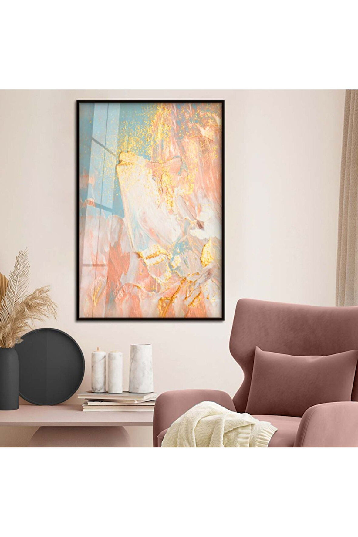 Gümüş Metal Çerçeveli Soyut Tema Renkli Desen Kırılmaz Cam Tablo