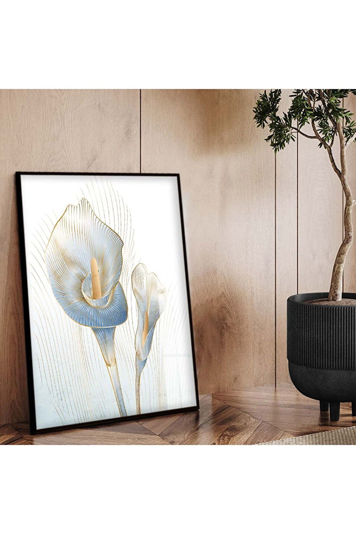 Siyah Metal Çerçeveli Modern Çizim Çiçek Desen Kırılmaz Cam Tablo