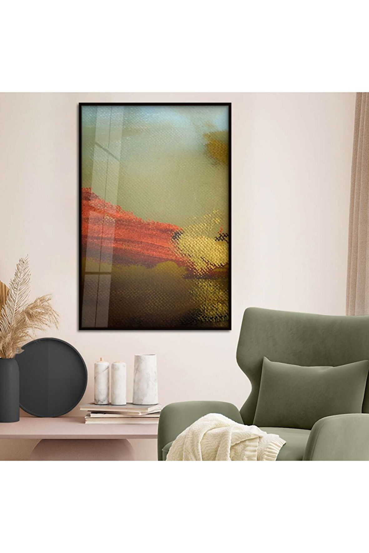 Gold Metal Çerçeveli Modern Çizim Soyut Tema Kırılmaz Cam Tablo