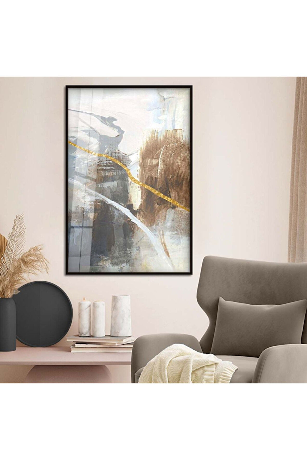 Gümüş Metal Çerçeveli Modern Çizim Soyut Tema Kırılmaz Cam Tablo