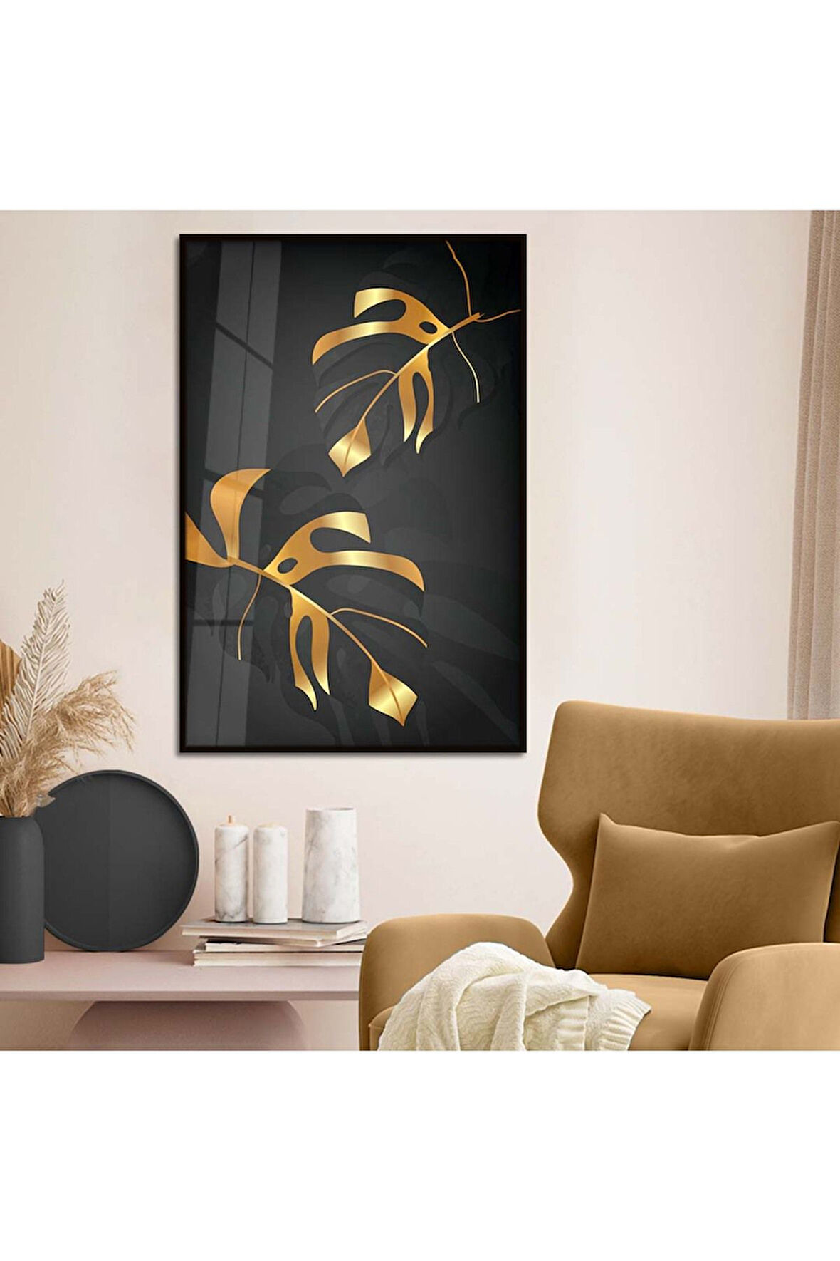 Gold Metal Çerçeveli Kolaj Çizim Yaprak Desen Kırılmaz Cam Tablo