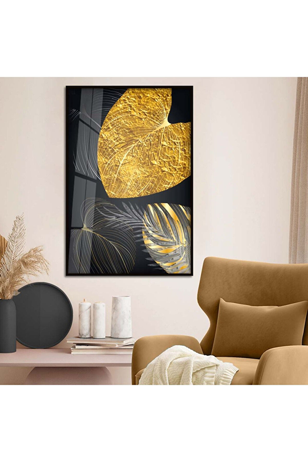Gold Metal Çerçeveli Kolaj Çizim Yaprak Desen Kırılmaz Cam Tablo