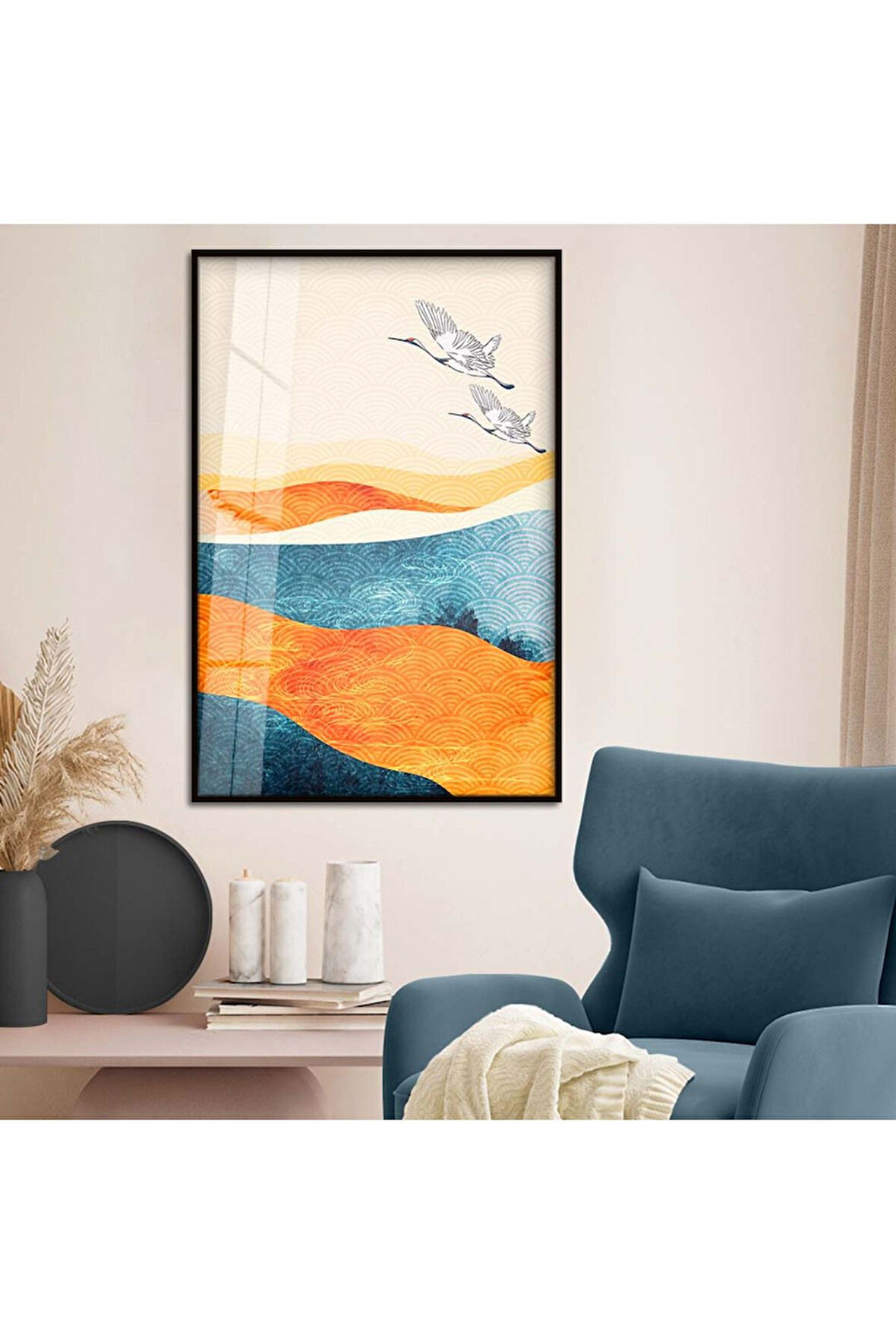 Gümüş Metal Çerçeveli Modern Çizim Kuş Figür Kırılmaz Cam Tablo