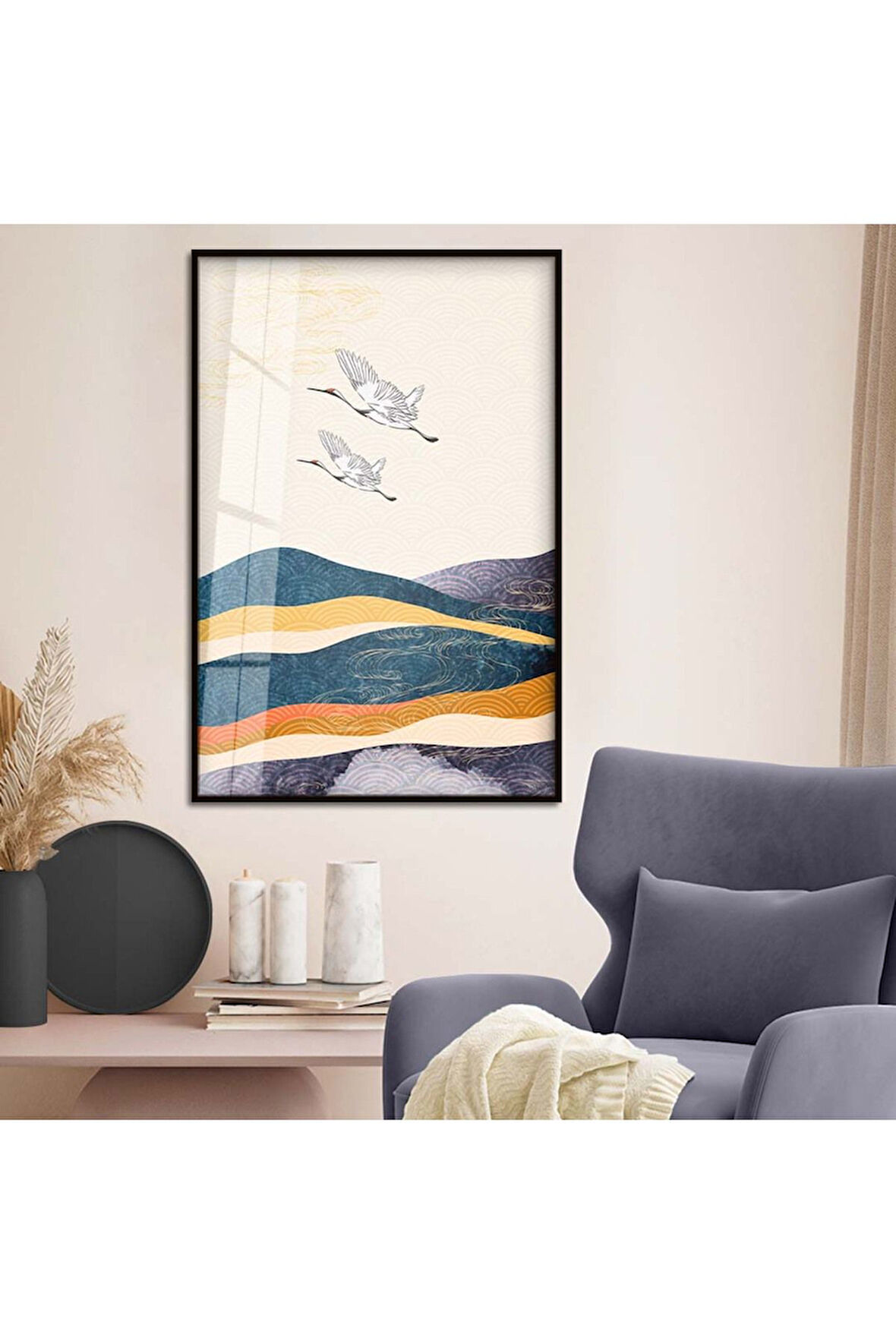 Gold Metal Çerçeveli Modern Çizim Kuş Figür Kırılmaz Cam Tablo