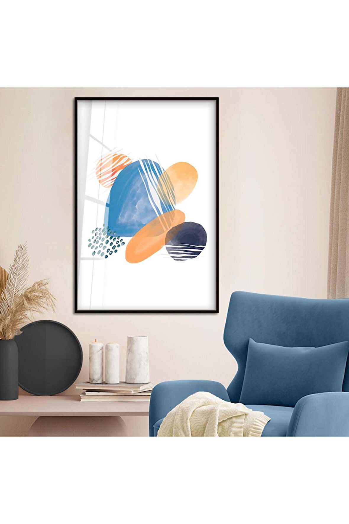 Gold Metal Çerçeveli Kolaj Çizim Soyut Tema Kırılmaz Cam Tablo