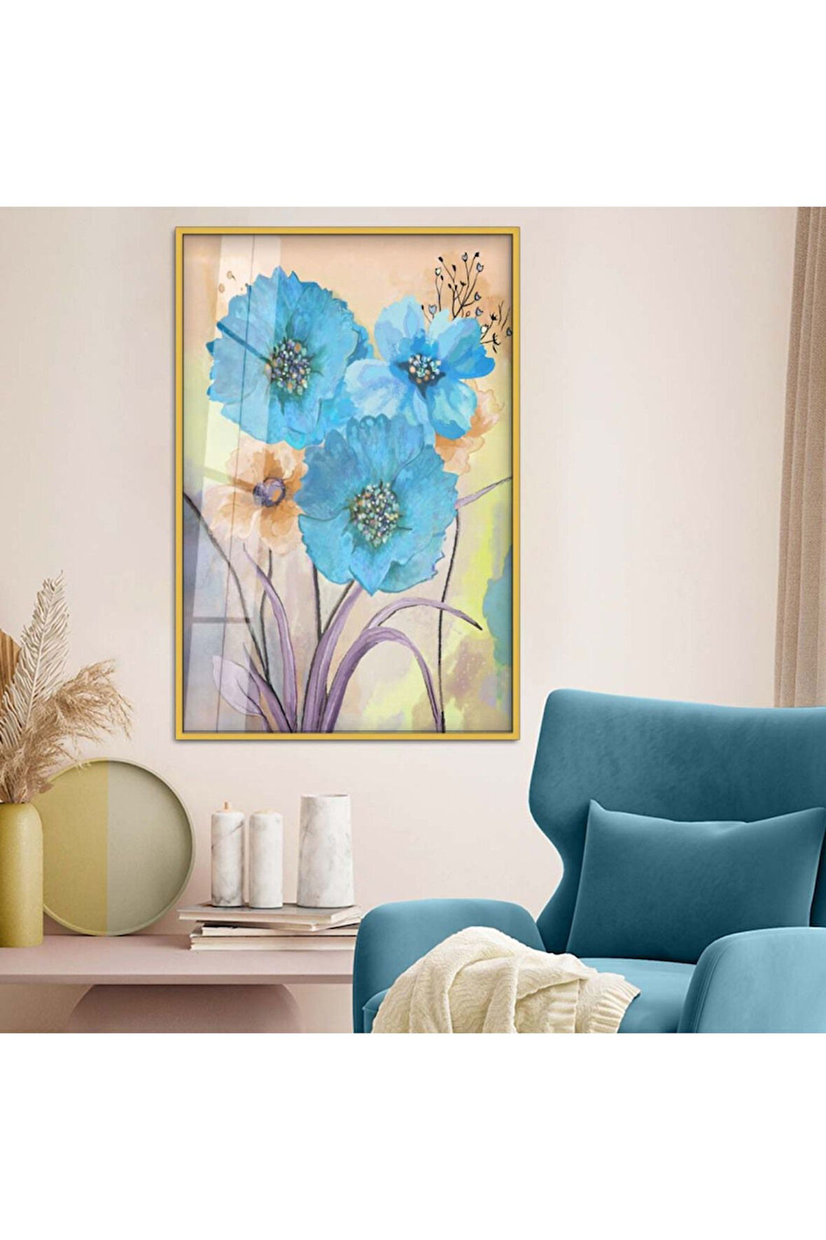 Gümüş Metal Çerçeveli Mavi Çiçek Modern Çizim Kırılmaz Cam Tablo