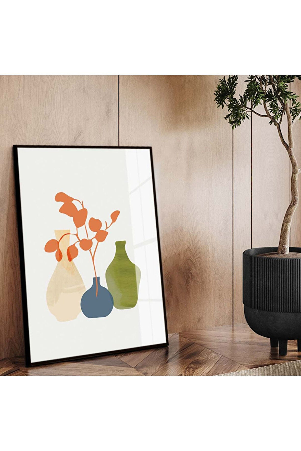 Siyah Metal Çerçeveli Modern Çizim Vazo Tema Kırılmaz Cam Tablo