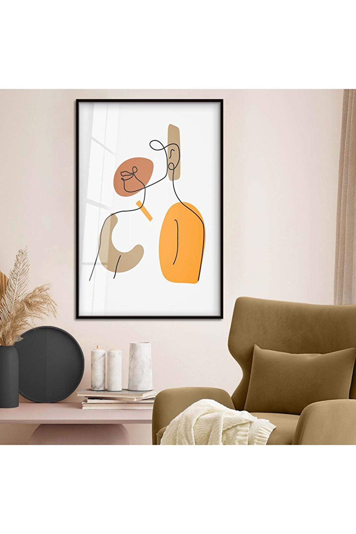 Gold Metal Çerçeveli Kolaj Çizim Soyut Tema Kırılmaz Cam Tablo