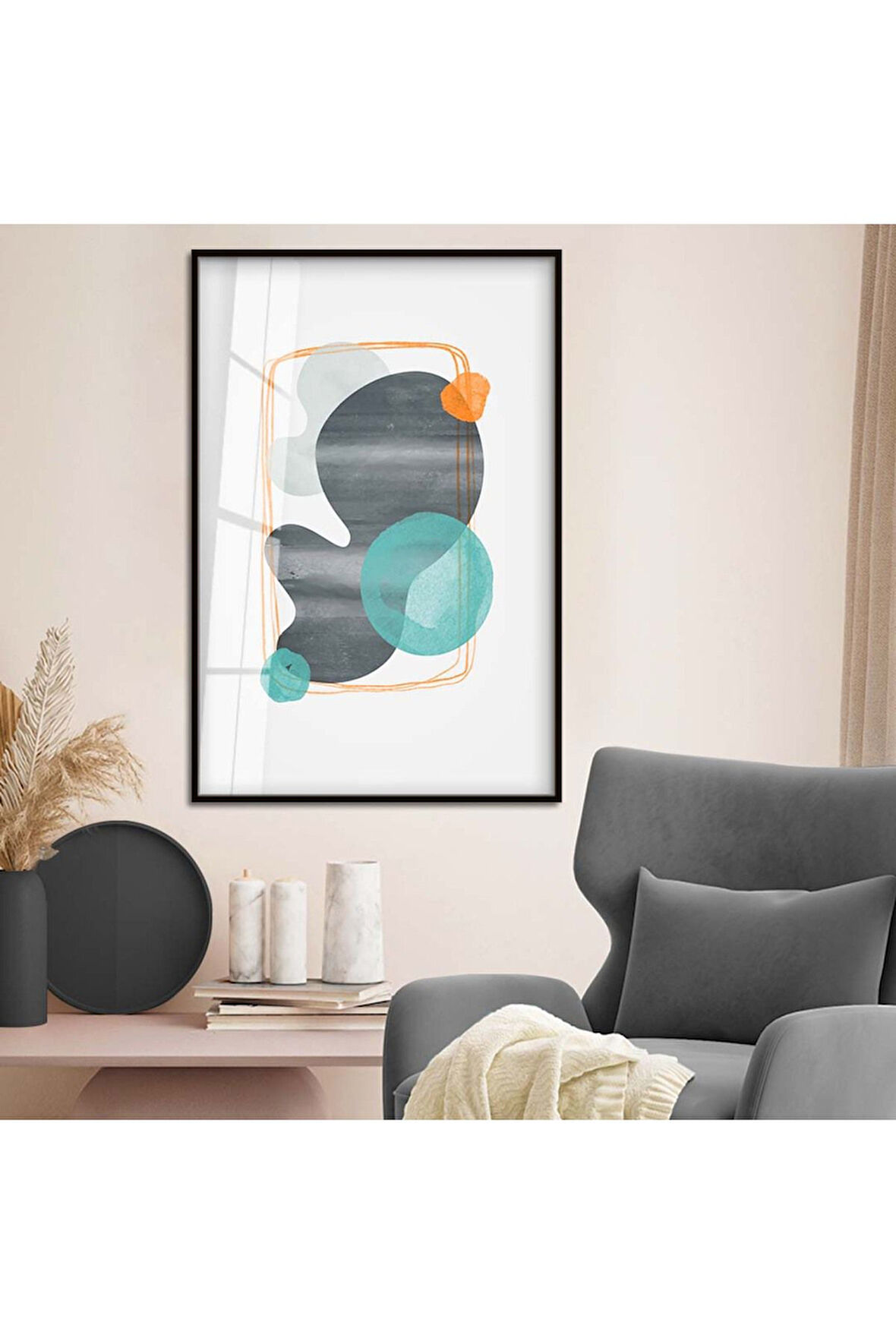 Gümüş Metal Çerçeveli Modern Çizim Soyut Tema Kırılmaz Cam Tablo