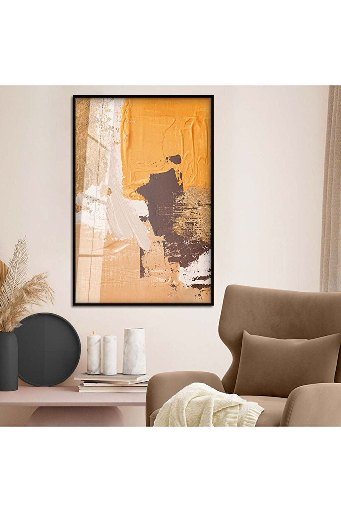 Gold Metal Çerçeveli Modern Çizim Soyut Tema Kırılmaz Cam Tablo