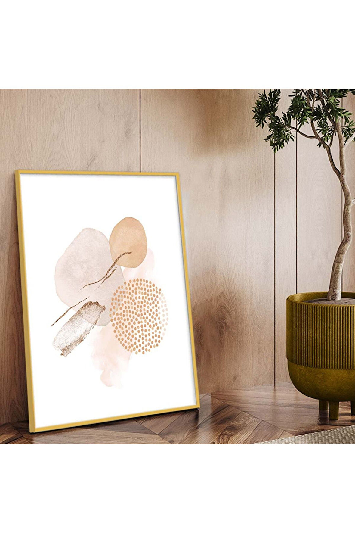 Gold Metal Çerçeveli Kolaj Çizim Soyut Tema Kırılmaz Cam Tablo