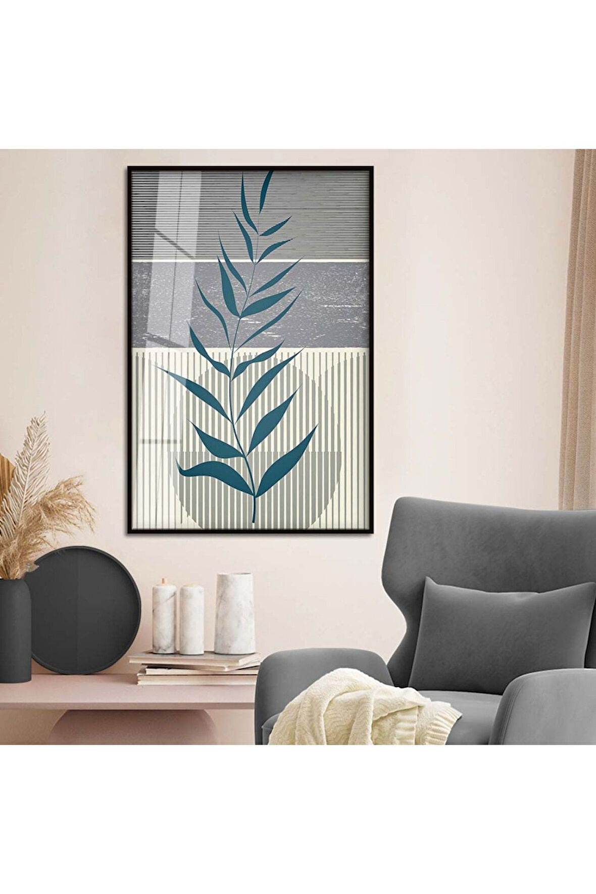 Gold Metal Çerçeveli Kolaj Çizim Yaprak Desen Kırılmaz Cam Tablo