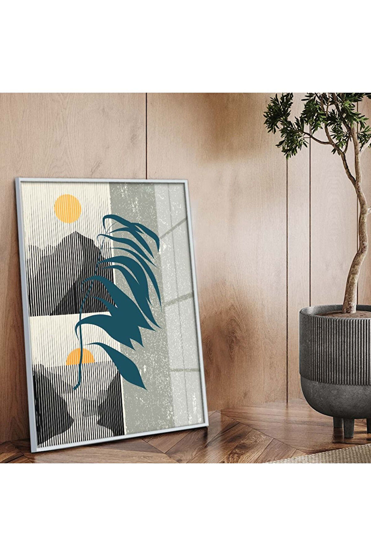 Gümüş Metal Çerçeveli Kolaj Çizim Yaprak Desen Kırılmaz Cam Tablo