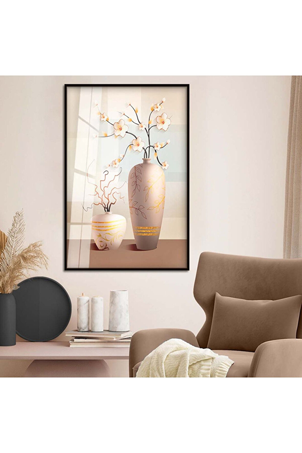 Gümüş Metal Çerçeveli Modern Çizim Vazo Tema Kırılmaz Cam Tablo