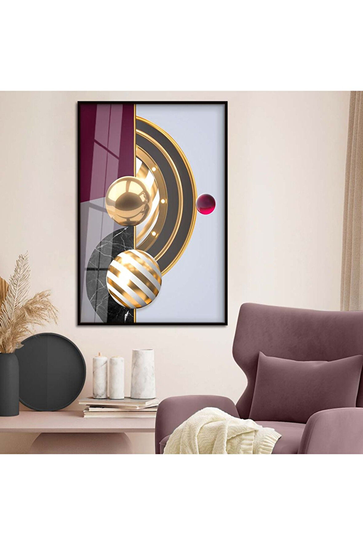 Gold Metal Çerçeveli Geometrik Çizim Soyut Tema Kırılmaz Cam Tablo