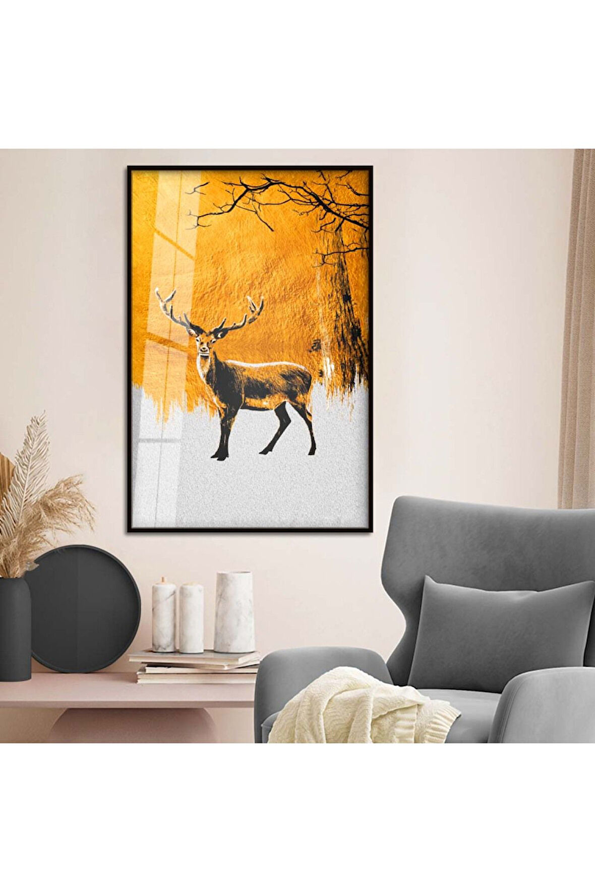 Gold Metal Çerçeveli Modern Çizim Geyik Tema Kırılmaz Cam Tablo