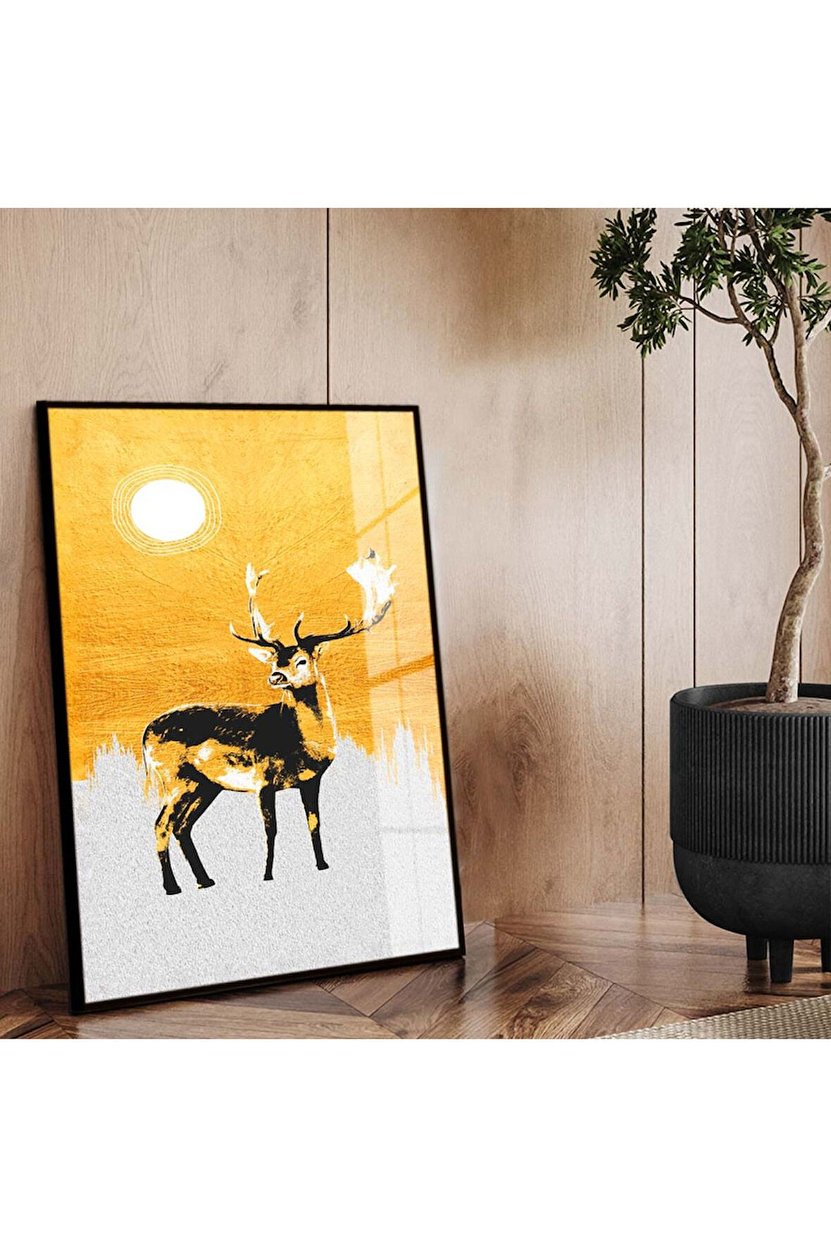 Siyah Metal Çerçeveli Modern Çizim Geyik Tema Kırılmaz Cam Tablo
