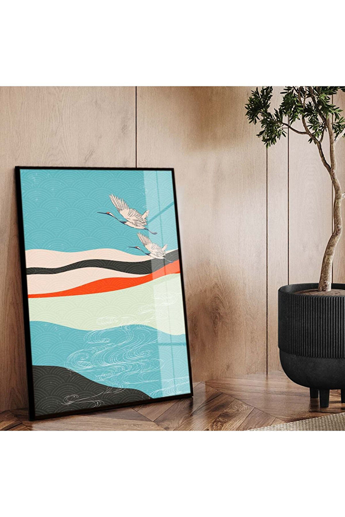 Siyah Metal Çerçeveli Modern Çizim Kuş Figür Kırılmaz Cam Tablo