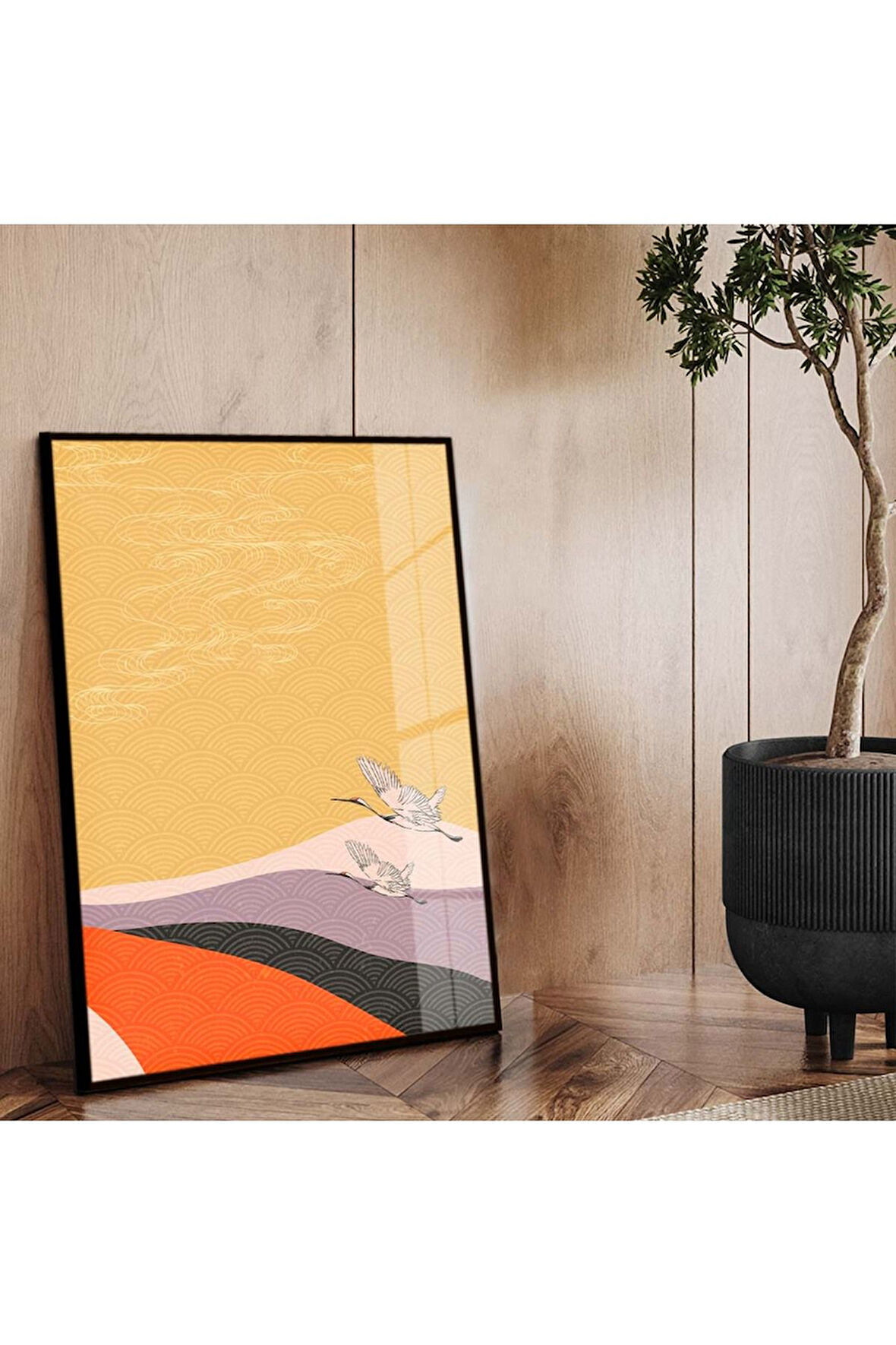 Siyah Metal Çerçeveli Modern Çizim Kuş Figür Kırılmaz Cam Tablo