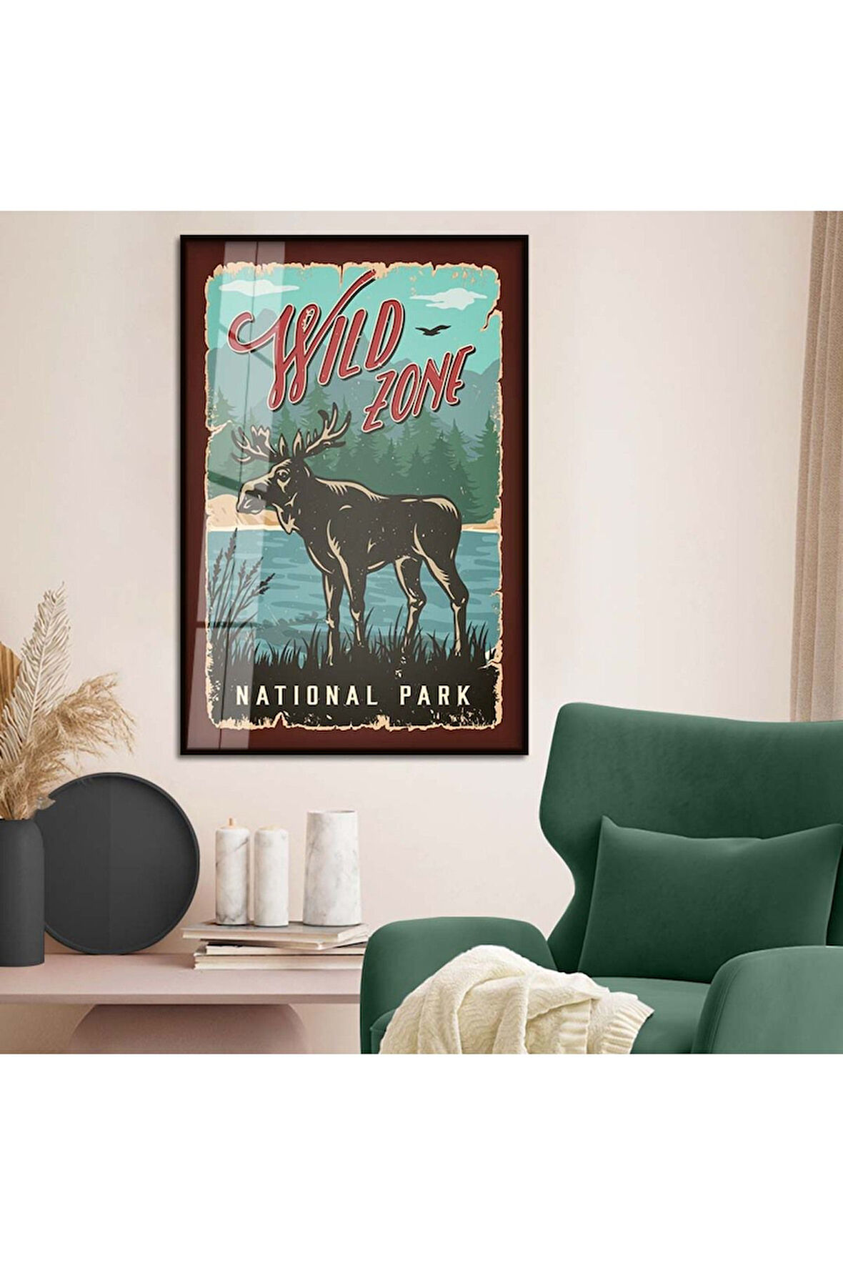 Gold Metal Çerçeveli Modern Çizim Hayvanat Bahçesi Tema Kırılmaz Cam Tablo