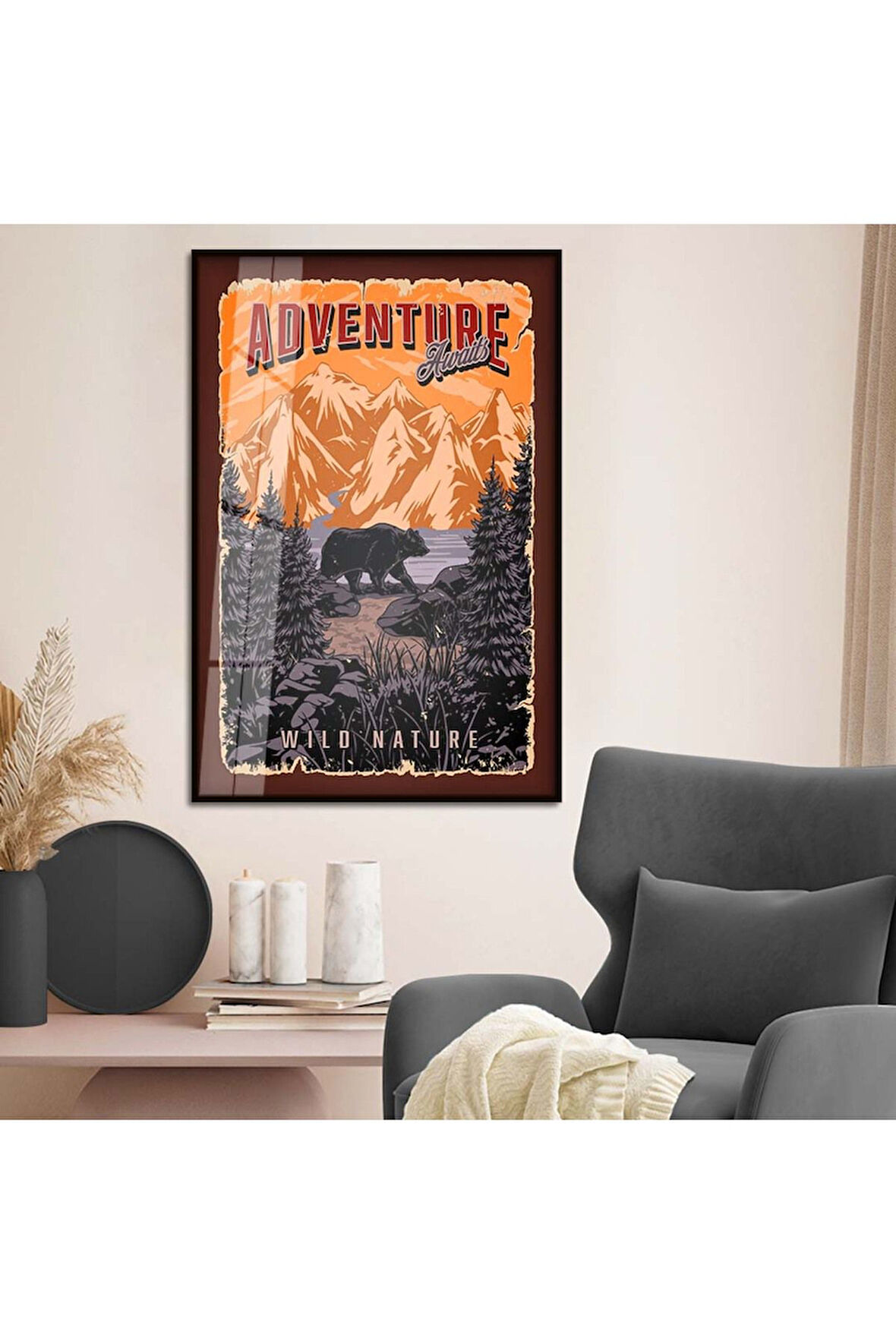 Gold Metal Çerçeveli Modern Çizim Hayvanat Bahçesi Tema Kırılmaz Cam Tablo