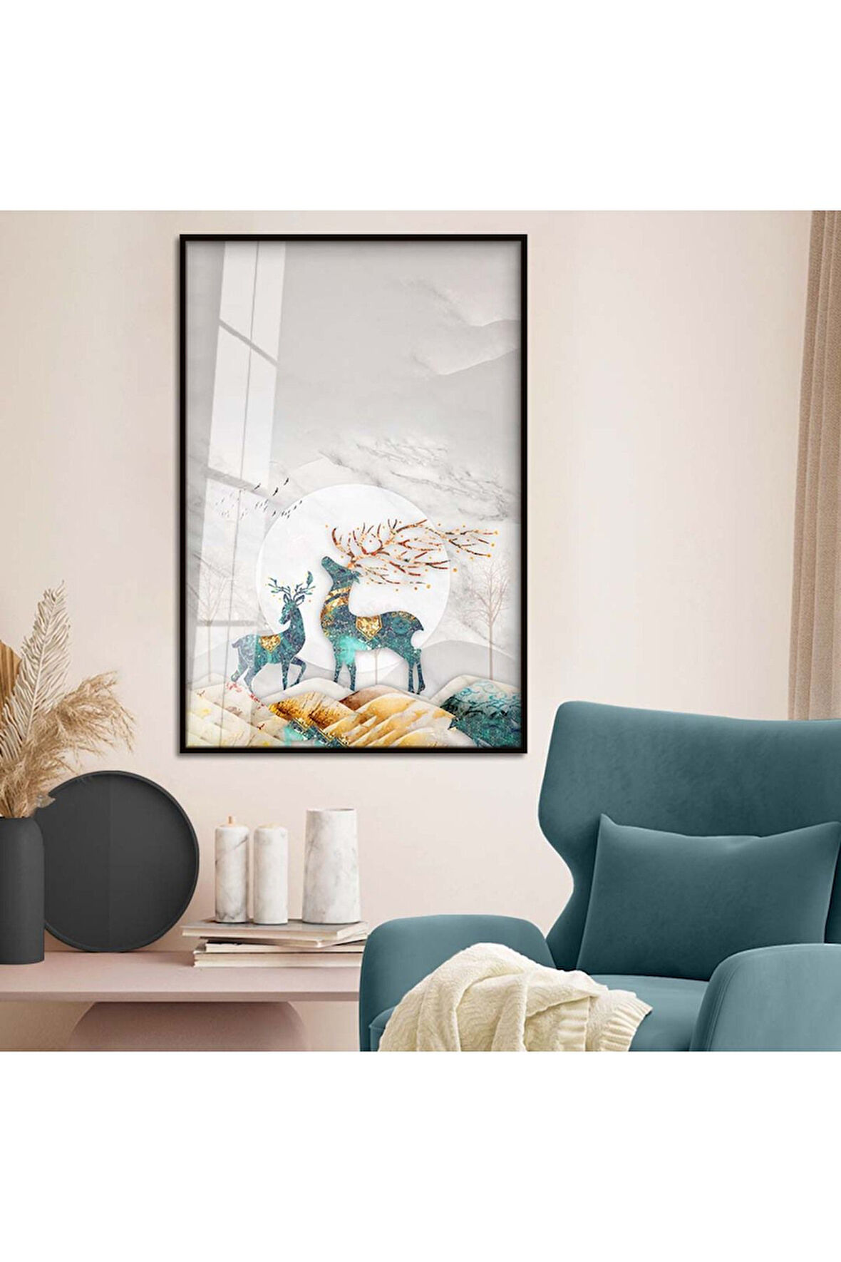 Gold Metal Çerçeveli Modern Çizim Geyik Figür Kırılmaz Cam Tablo