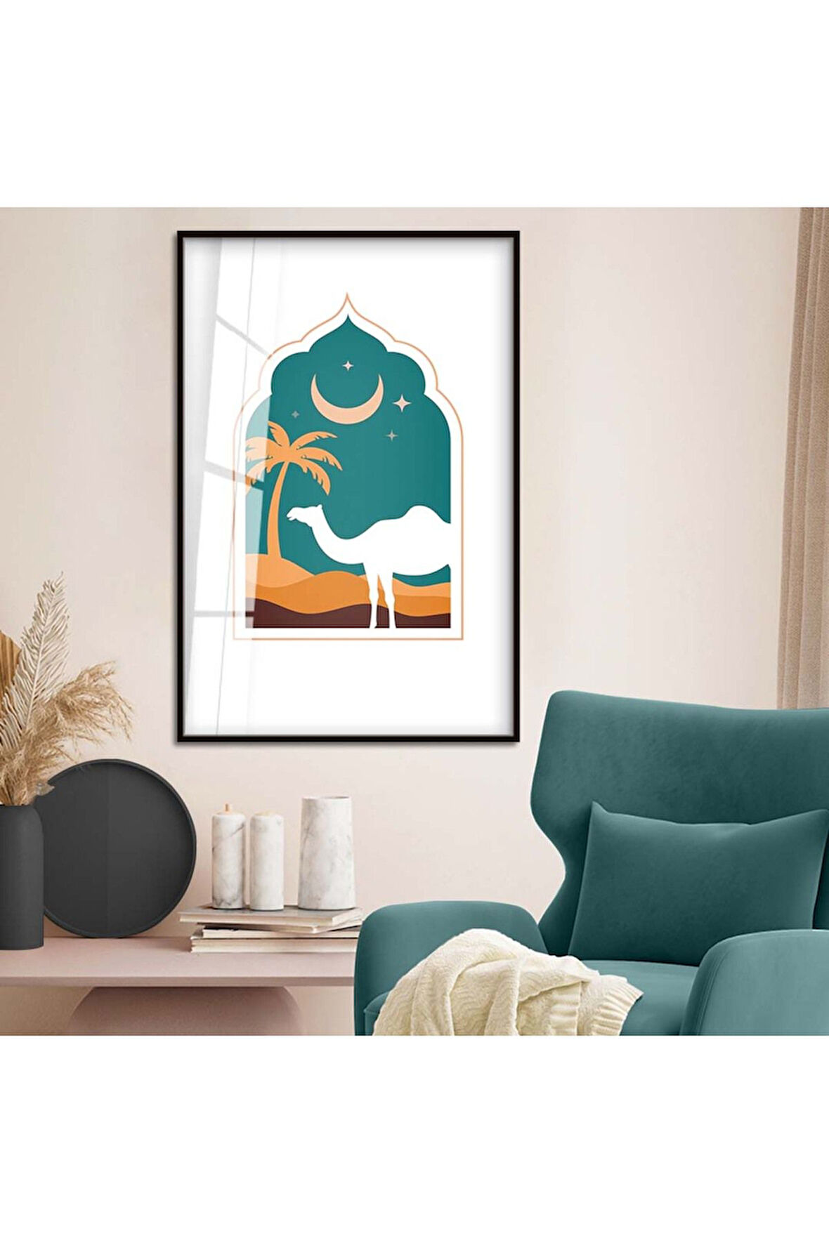 Gold Metal Çerçeveli Modern Çizim Deve Figür Kırılmaz Cam Tablo