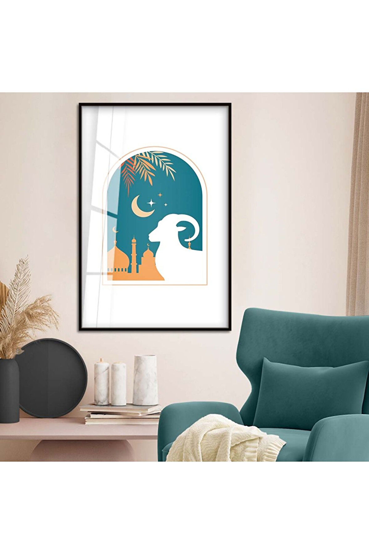 Gümüş Metal Çerçeveli Modern Çizim Keçi Figür Kırılmaz Cam Tablo