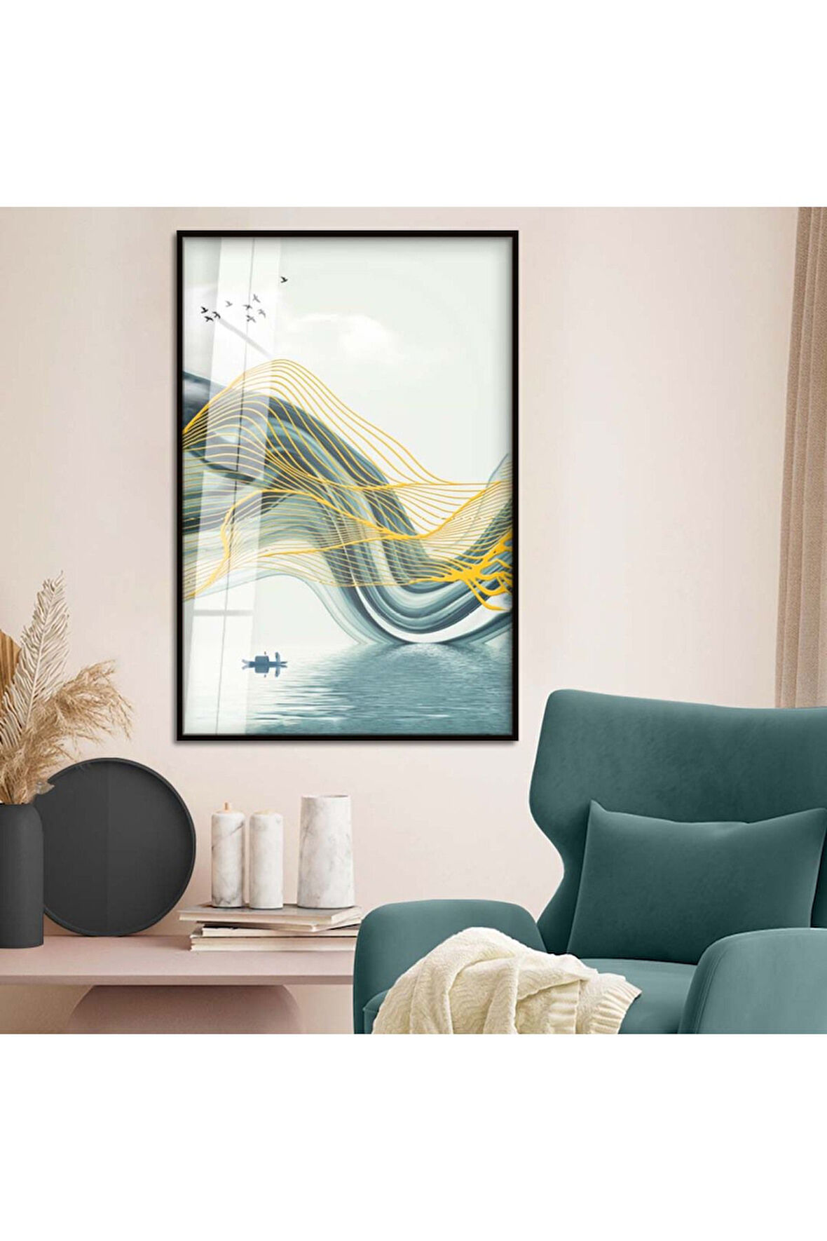 Gold Metal Çerçeveli Modern Çizim Soyut Tema Kırılmaz Cam Tablo