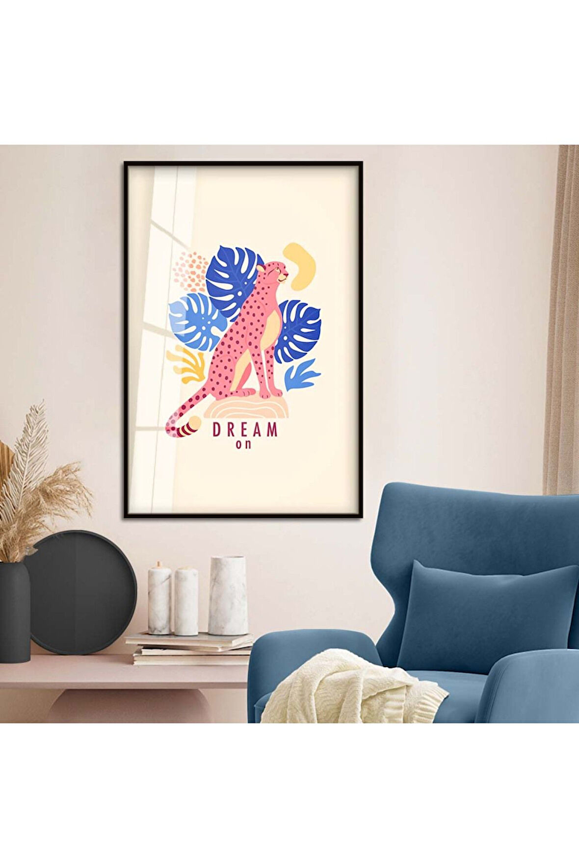 Gold Metal Çerçeveli Kolaj Çizim Çita Figür Tema Kırılmaz Cam Tablo