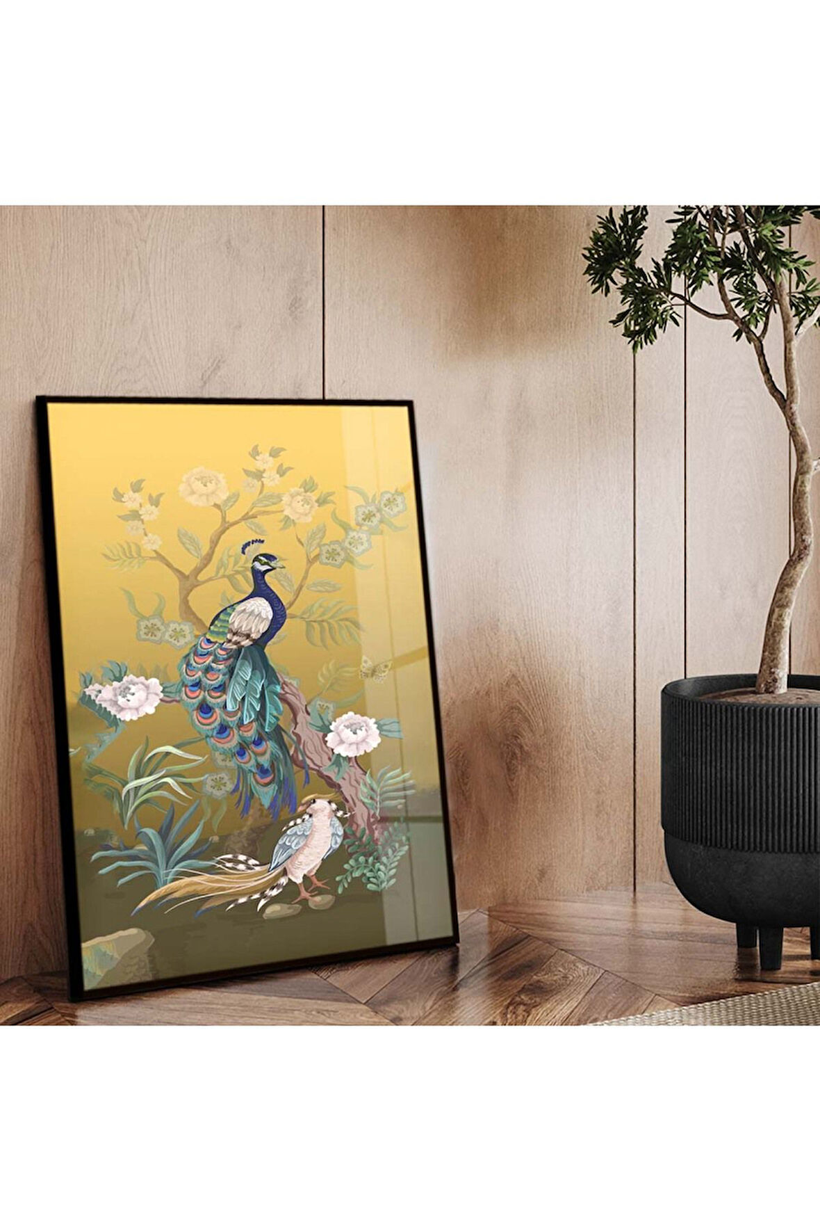 Siyah Metal Çerçeveli Modern Çizim Tavus Kuşu Figür Kırılmaz Cam Tablo