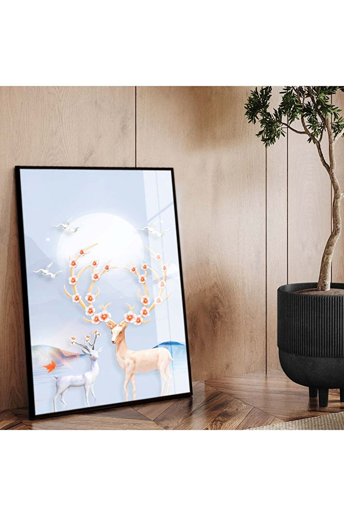 Siyah Metal Çerçeveli Modern Çizim Geyik Figür Tema Kırılmaz Cam Tablo